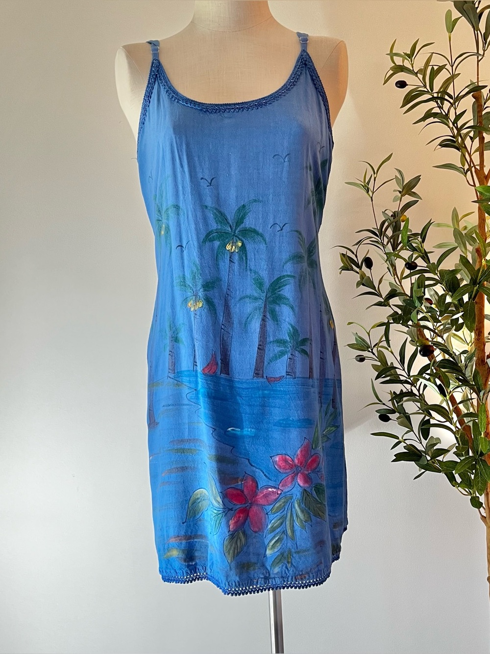 Vintage Blue Tropical Slip Dress with Floral Print